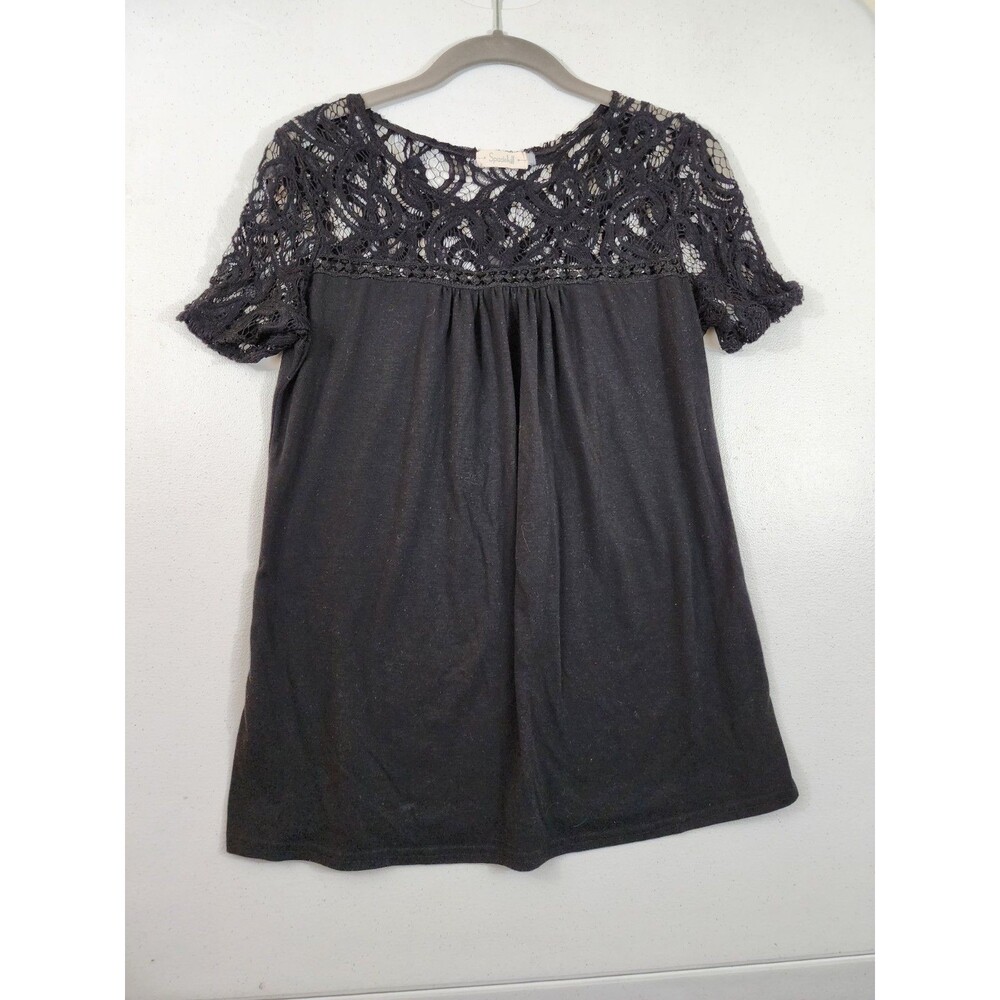 Spadehill Womens S Black Lace Detail Short Sleeve Round Neck Blouse